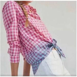Pilcro Anthropology Women's Plaid Ombré Tie Button Down Shirt Pink‎ Blue Medium